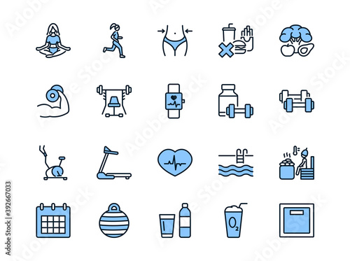 Fitness and healthy lifestyle flat line icons set blue color. Vector illustration slimming, sport,good nutrition, workout. Editable strokes