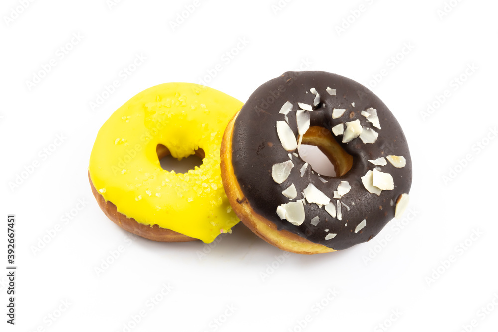 Beautiful donuts with glaze on white isolated background