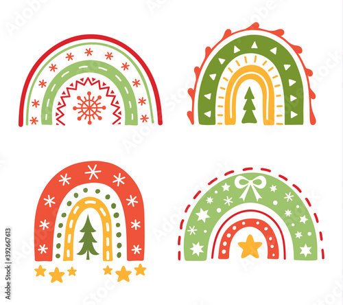 Christmas rainbows isolated on white background. Cute kids scandinavian decor. Abstract vector print. Year and Christmas symbols.