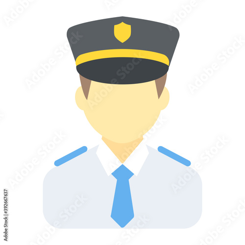 
This policewoman with blue hat, which features a gold badge or shield in the middle
