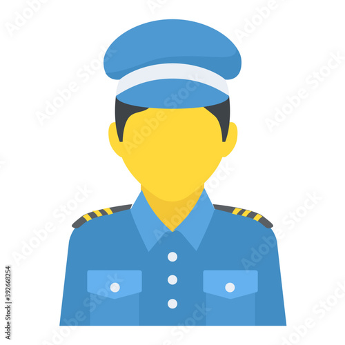 
This police officer with hat, which features a gold badge or shield in the middle
