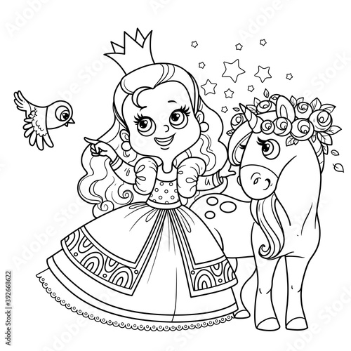 Cute princess in lush dress with cure unicorn outlined for coloring book