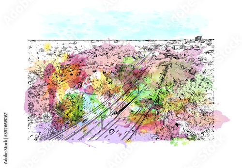 Building view with landmark of Columbia is the capital city of South Carolina. Watercolour splash with hand drawn sketch illustration in vector.