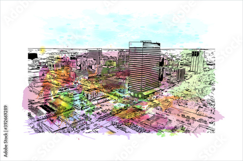 Building view with landmark of Columbia is the capital city of South Carolina. Watercolour splash with hand drawn sketch illustration in vector.