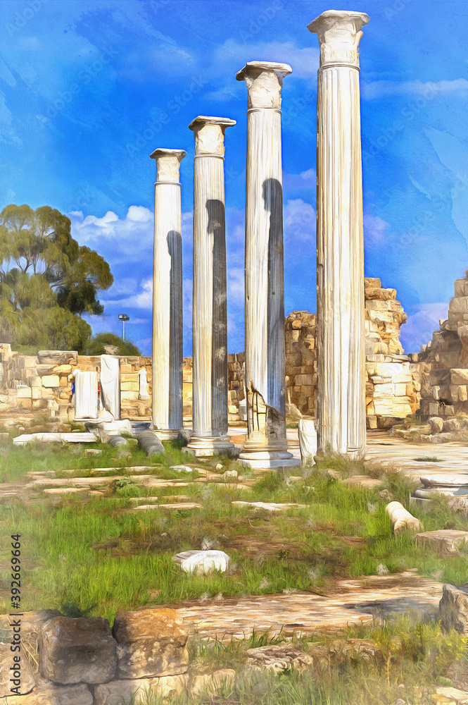 Fototapeta premium Ruins of ancient Greek city of Salamis colorful painting looks like picture