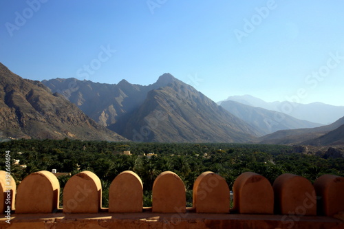 Show of the chain of green mountains from Nakhal Fort, Al Batinah Region, Oman