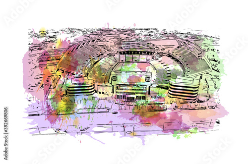 Building view with landmark of Columbia is the capital city of South Carolina. Watercolour splash with hand drawn sketch illustration in vector.