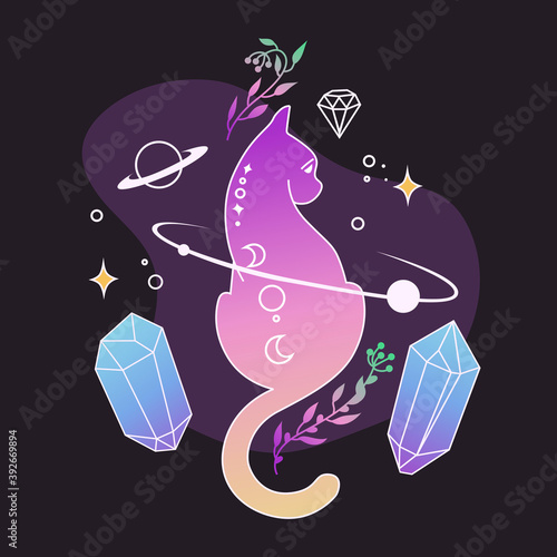 Magic cat and crystals. Mystical symbols. Witch decor. Witchcraft. Vector cartoon flat illustration. Template for sticker, banner, tattoo.