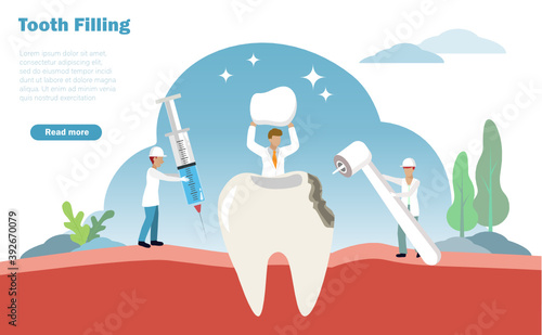 Tooth filling and dental treatment concept. Dentists injecting anaesthetic, drilling decay tooth and filling to patient dent. Vector Illustration.
