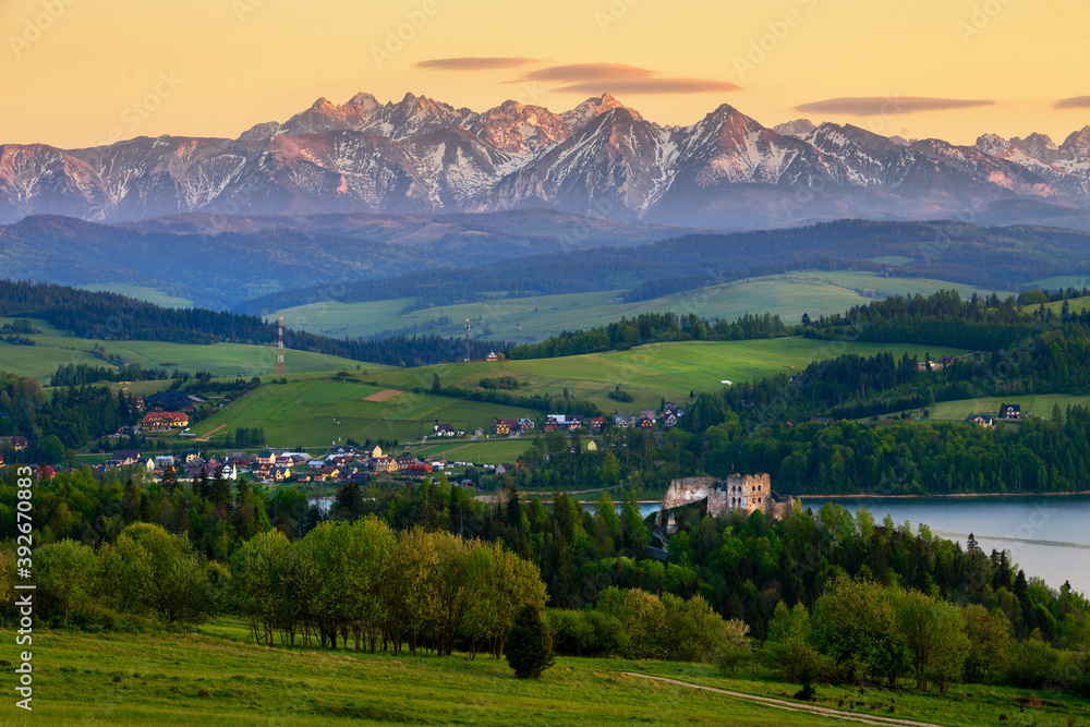 Beautiful spring sunset over Tatra mountains in Poland