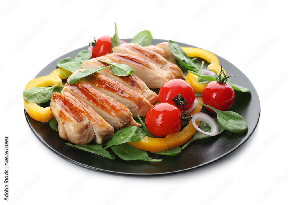 Delicious grilled chicken with fresh vegetables and spinach isolated on white Delicious grilled chicken with fresh vegetables and spinach isolated on white