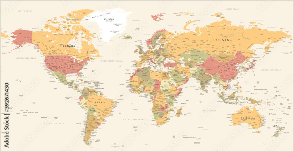 Fototapeta Mapa świata Vintage Polityczna - Szczegółowa ilustracja wektorowa - Warstwy
