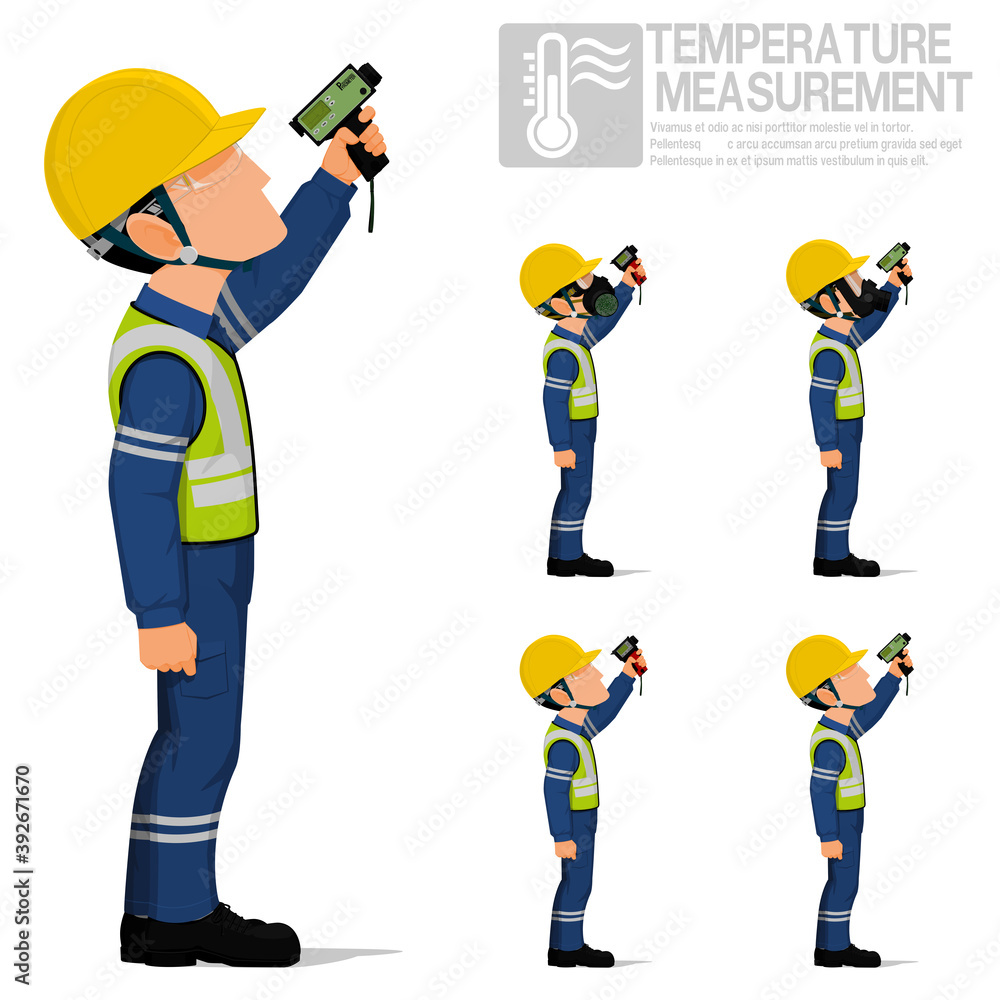 Set of industrial worker using pyrometer for measuring temperature.