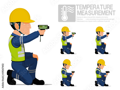Set of industrial worker using pyrometer for measuring temperature.