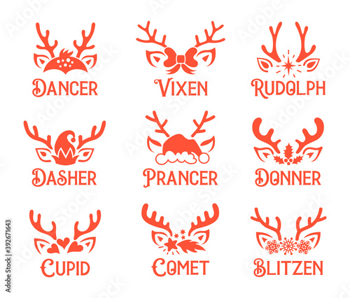 Christmas reindeer names. Set of vector silhouettes of santa deer faces with names and antlers. Templates for Christmas and New Year cards, flyers, invitations and tags. photo