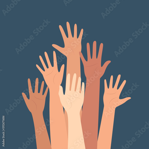 Multicultural crowd of people with hands up, teamwork of multinational team. Teamwork, friendship, unity, help, volunteering concept. Vector illustration.