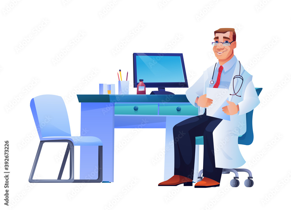 Smiling doctor physician, cardiologist practitioner with stethoscope sitting on chair at workplace, computer, stationery on table. Surgeon or therapist vector cartoon character with prescription list