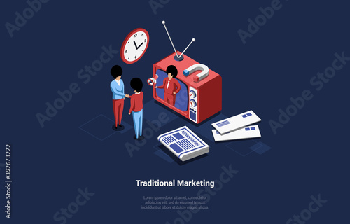 Isometric Illustration, Traditional Marketing Concept. Vector 3D Composition In Cartoon Style Of Business People Shaking Hands, Big TV With Man On Screen, Newspaper And Post Near. Old Influence Method