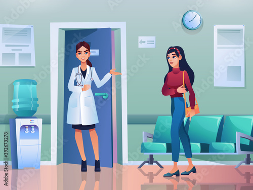 Doctor or nurse invites woman patient to medical office, clinic or hospital interior, waiting hall, sofa, water cooler. Vector reception, practitioner inviting on consultation, treatment and check up