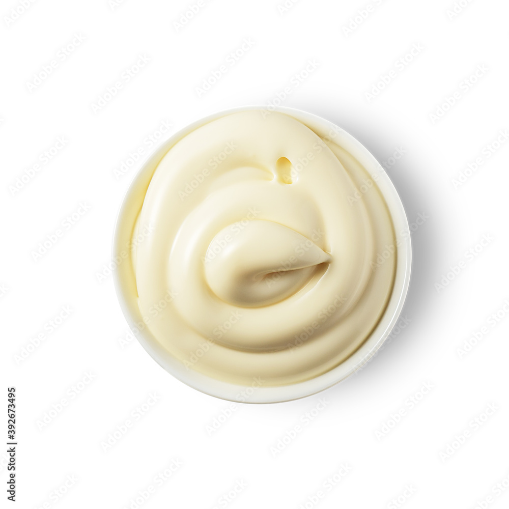 Fresh mayonnaise in a bowl on a white isolated background. Top view. Fresh mayonnaise in a bowl on a white isolated background. Top view.