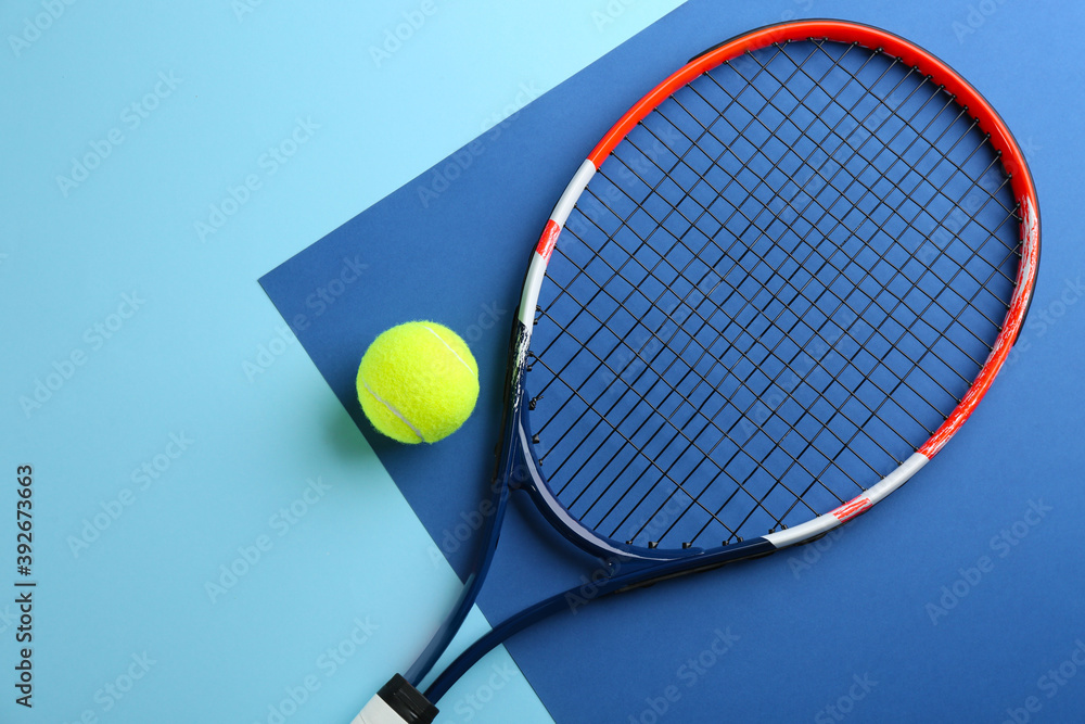 Tennis racket and ball on color background, flat lay. Sports equipment