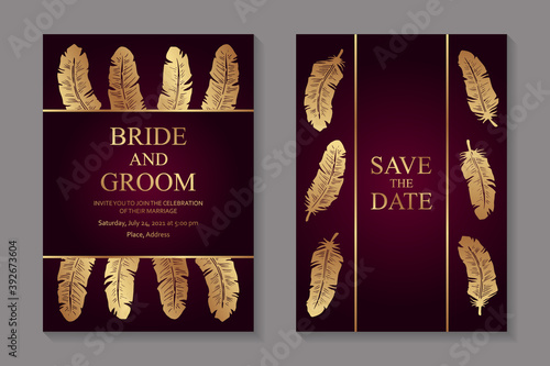 Modern luxury wedding invitation design or card templates for birthday greeting or certificate or poster with golden feathers on a red background.