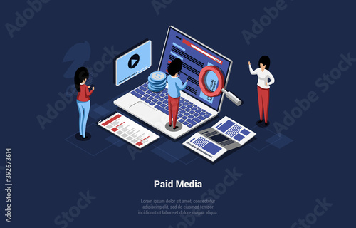 Isometric Illustration In Cartoon 3D Style. Vector Composition On Paid Media Concept, Contextual Target Advertising On Internet Webpages, Websites, Applications. Business People Working Near Laptop