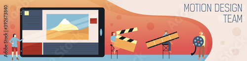 Vector Illustration Of Huge Tablet With Motion Design Program Interface On Screen And Different People In Masks Around. Cartoon Composition In Flat Style With Writing. Male, Female Characters Working