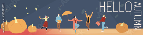 Horizontal Illustration In Cartoon Flat Style With Cheering People And Writing. Vector Composition On Hello Autumn Concept. Happy Male And Female Characters With Seasonal Items And Huge Pumpkins Near