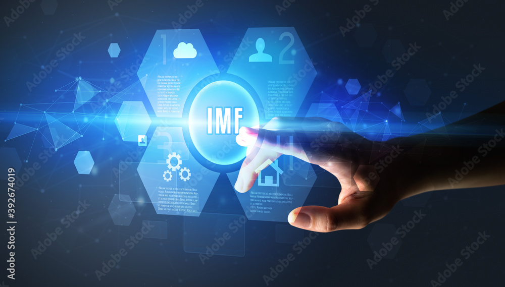 Hand touching IMF inscription, new technology concept