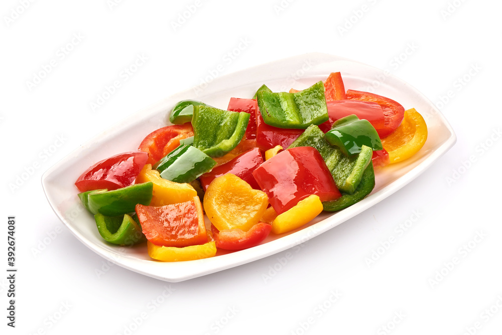 Bell pepper mix, stir fry vegetables, bbq, isolated on white background Bell pepper mix, stir fry vegetables, bbq, isolated on white background