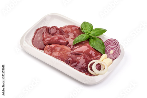 Raw Chicken livers, Fresh offal, close-up, isolated on white background