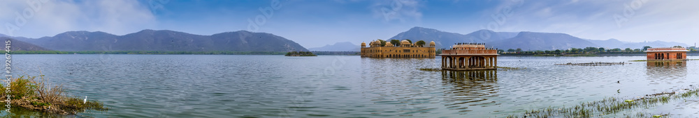 A panorama view across the Man Sagar lake in Jaipur, Rajasthan, India