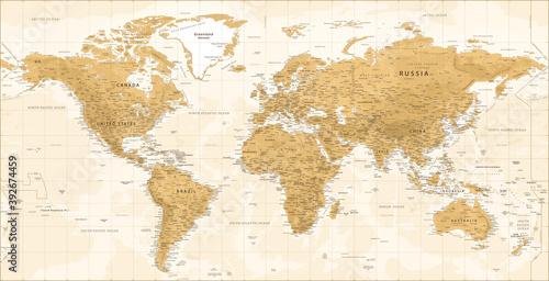 World Map - Vintage Physical Topographic - Vector Detailed Illustration