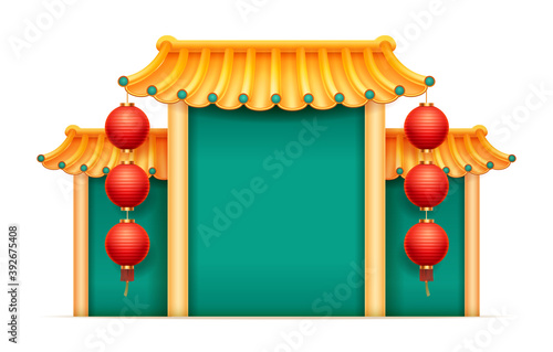 Pagoda China Japan temple with columns, copy space, hanging lanterns isolated. Vector green building with golden bamboo roof, castle Japanese or korean house, ancient oriental palace, pavilion