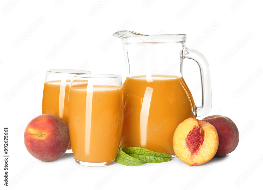 Natural freshly made peach juice on white background Natural freshly made peach juice on white background