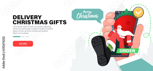 Fast online delivery Christmas gifts. Santa coming through smartphone screen. Modern delivery service. New Year sale. Stylish Merry Christmas and Happy New Year vector illustration in flat style.