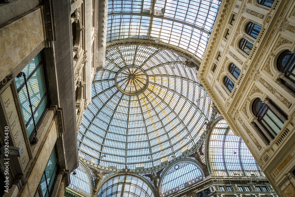 The Glass rooftop of Galleria Umberto I public shopping gallery in Naples