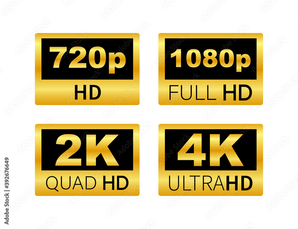 Video dimension labels. Video resolution 720, 1080, 2k, 4k, badges ...