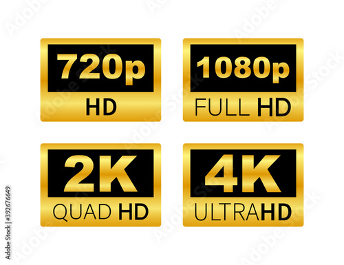 Video dimension labels. Video resolution 720, 1080, 2k, 4k, badges. Quality design element. Vector stock illustration.