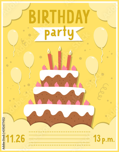 Birthday party greeting card template with cute cake and candles. Anniversary poster or invitation for kids. Bright holiday illustration with traditional festive dessert  balloons  confetti..