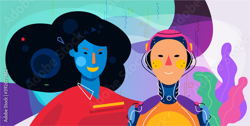 A woman and female robot illustration. Human and AI friendship, emotional and psycologic help.