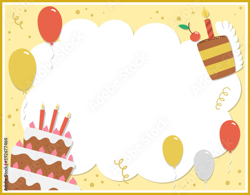 Birthday party greeting card template with cute cake and candles. Anniversary poster or invitation for kids. Bright holiday illustration with traditional festive dessert, balloons, confetti