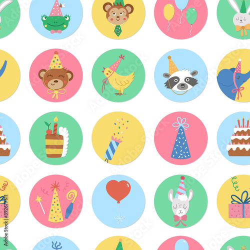 Cute seamless pattern with round Birthday highlight icons or avatar designs with cute animal heads  cake  present. Vector anniversary repeat background. Holiday digital paper with funny characters.