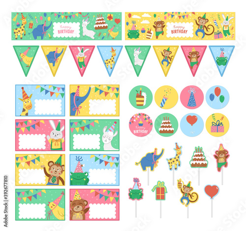 Set of Birthday party templates with cute animals. Anniversary greeting and placement card, toppers, avatars and flags collection. Bright pre-made holiday event designs for kids. Candy bar decoration.