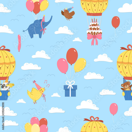Vector seamless pattern with hot air balloons, cute animals, birds and clouds. Holiday repeating background with adorable flying characters. Funny birthday digital paper for kids. .