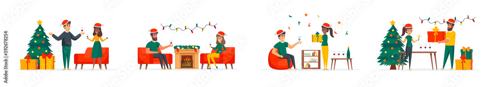 Clock chiming midnight on New Years Eve bundle of scenes with flat people characters. Happy couple together celebrating conceptual situations. Christmas winter holidays cartoon vector illustration.
