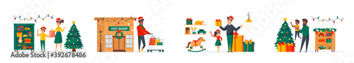 Toys store at Christmas time bundle of scenes with flat people characters. Parents with kids shopping in toys shop conceptual situations. New Year and Xmas winter holidays cartoon vector illustration.