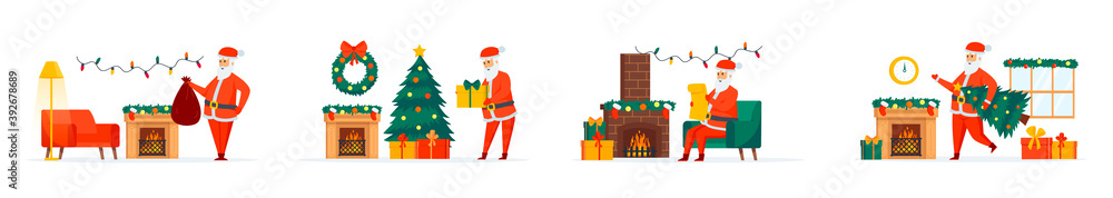 Christmas Santa Claus bundle of scenes with flat people characters. Santa Claus reading wish list and presenting gifts situations. Merry Xmas and Happy New Year celebration cartoon vector illustration Christmas Santa Claus bundle of scenes with flat people characters. Santa Claus reading wish list and presenting gifts situations. Merry Xmas and Happy New Year celebration cartoon vector illustration