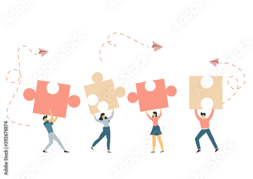 Business concept. Team metaphor. people connecting puzzle elements. Vector illustration flat design style. Symbol of teamwork, cooperation, partnership vector